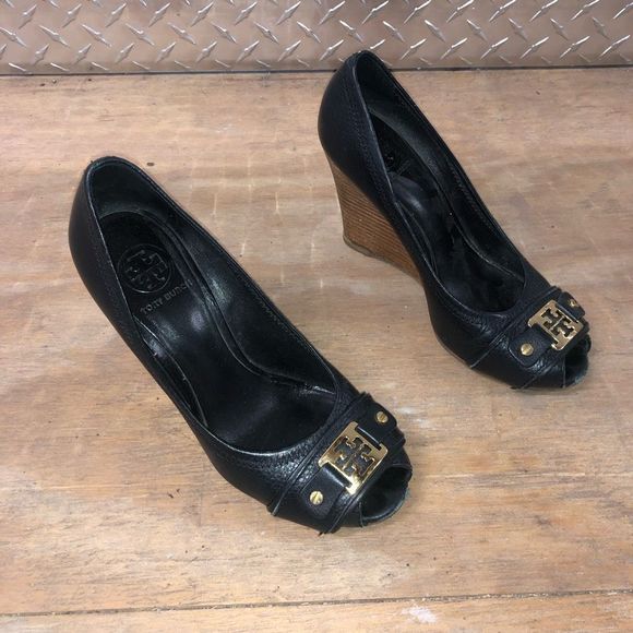 Tory Burch Carnell High Open Toe Wedge Black Heels Size 7, MSRP $295 - Picture 5 of 11